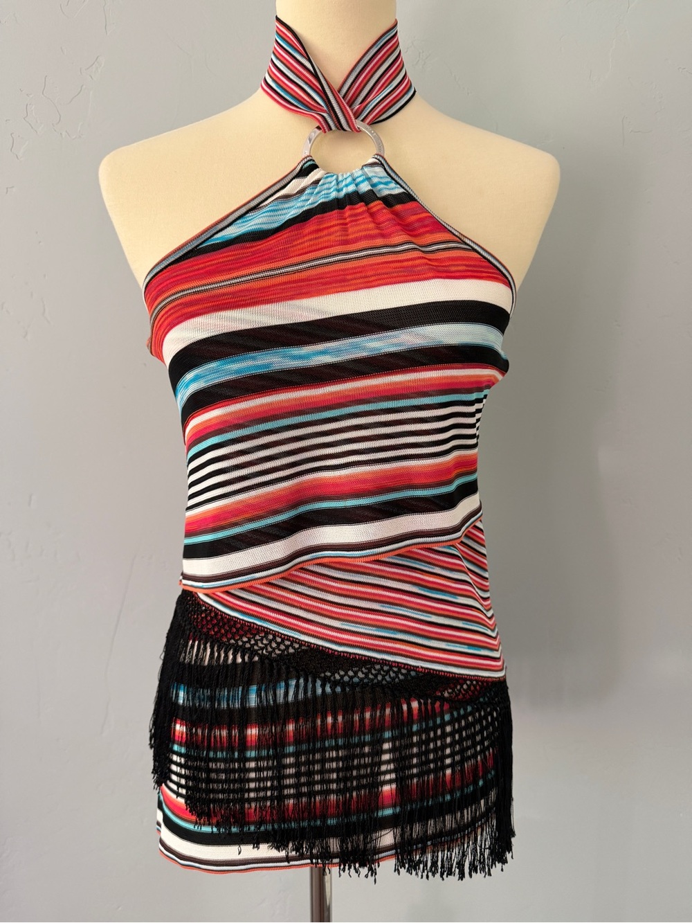 Karen Millen Striped Halter Top Multicolor Macramé Fringe Hem - Size 6